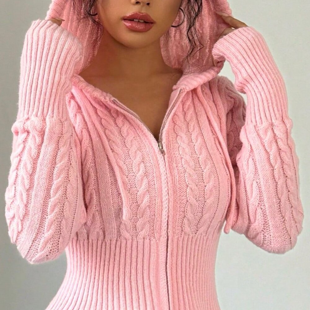 Pink Casual Women's Drawstring Hooded Cardigan - Picture 2 of 5